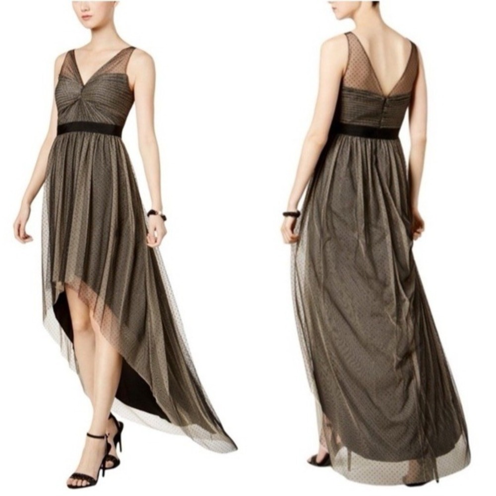 Adrianna Papell Women Dress Size 8 Glitter Tulle High-Low Formal Gown Black